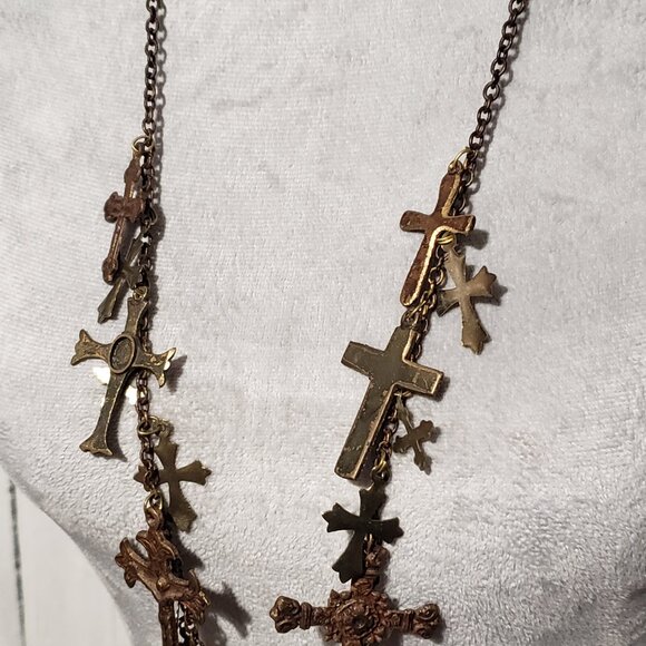 Metal Multi Cross Necklace Statement Pendants Boho Brass Bronze Gothic 36" - Picture 3 of 6